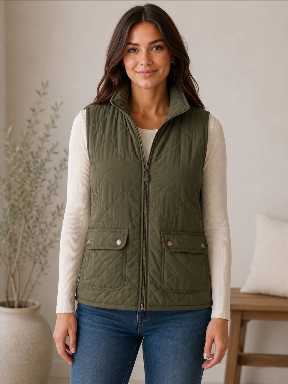 Thread & Supply Olive Quilted Zip Vest